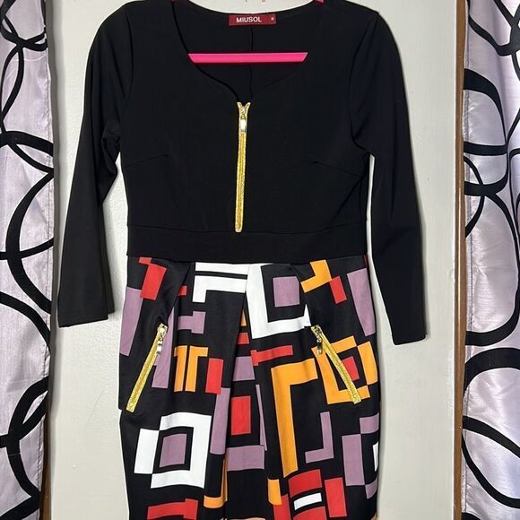 Miusol Women's Sheath Dress M Multi Geometric Exposed Zipper 3/4 Sleeve - Picture 8 of 13
